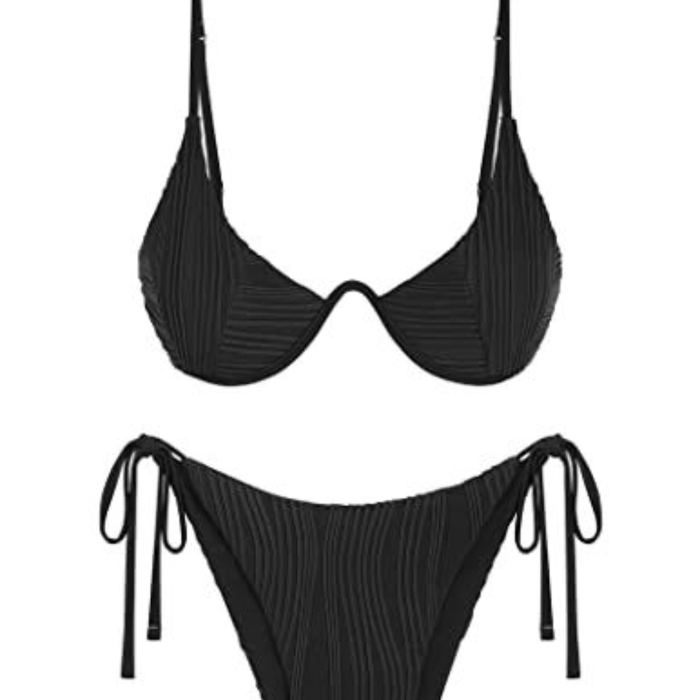 Zaful Black Ribbed Underwire Tie-Side Bikini Set